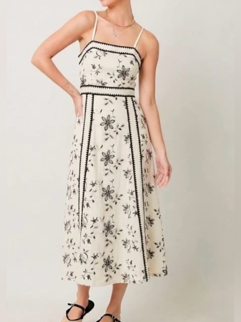 ILLA ILLA cream midi dress with black floral embroidery(SKU883)